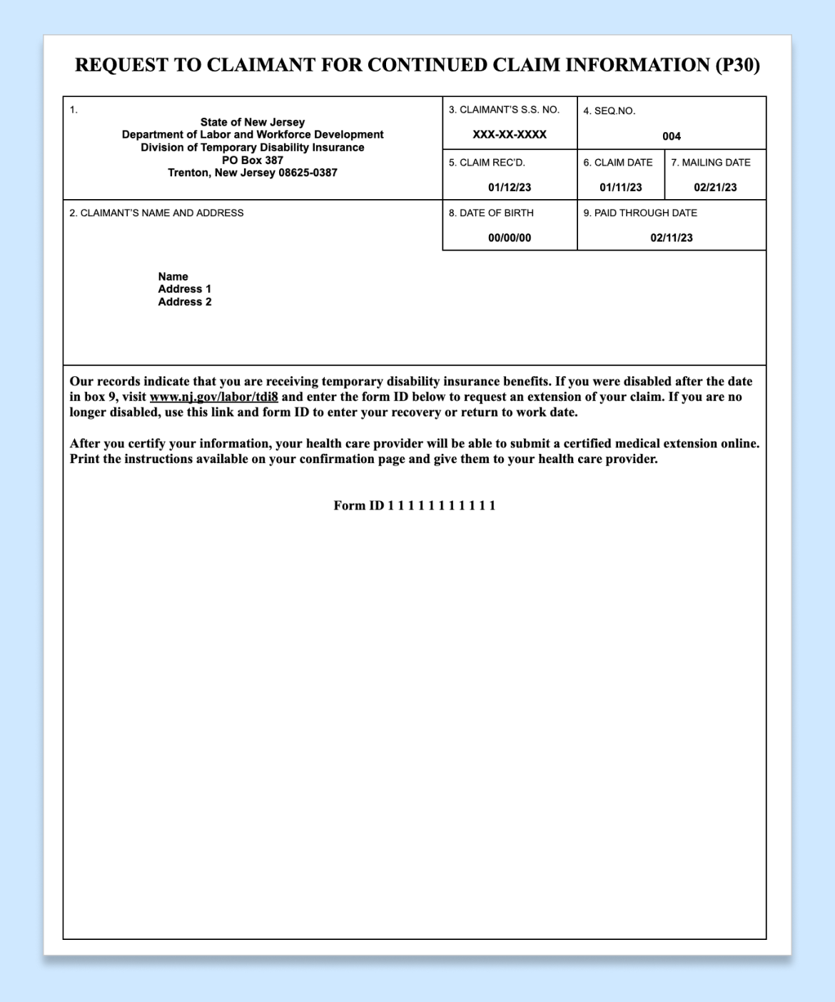 Sample P30 letter titled 'Request for Continued Claim Information' from the New Jersey Department of Labor, showing nine sections of claimant information. The form ID is found in the middle of the page.